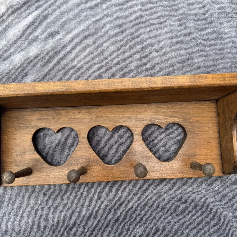 CottageCore Wooden Wall Shelf with Heart Cutouts and Hanging Pegs Vintage